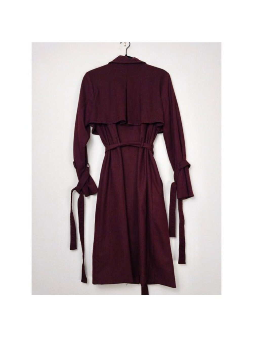 NEW J.O.A Belted Trench Coat S Burgundy Maroon Tie Cuff Double Breasted Utility - Picture 10 of 12